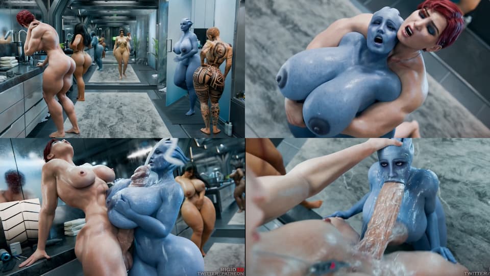 [4K] Femshepard Dominates Liara with Massive Cock in Wet Shower Orgy [Rigid3D]